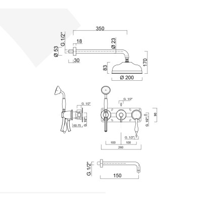 Built-in single-lever mixer with diverter, duplex kit , wall spout, arm with brass shower head, diameter 200 mm, Praga Mix