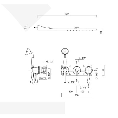 Built-in single-lever shower set with diverter, duplex kit, wall-mounted rain and waterfall shower head, Praga Mix