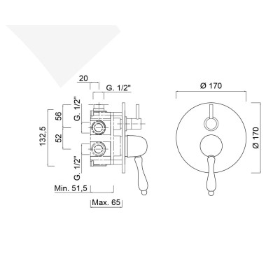 Built-in Shower Mixer with 2-Outlet Rotating Diverter, Praga Mix