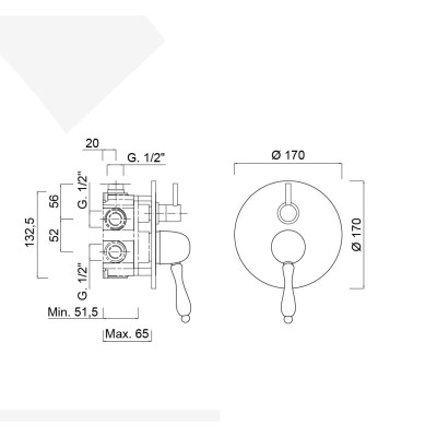 Built-in Shower Mixer with 3-Outlet Rotating Diverter, Praga Mix