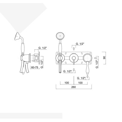 Monocomando doccia incasso con deviatore, kit duplex integrato, 2 uscite libere, Praga Mix