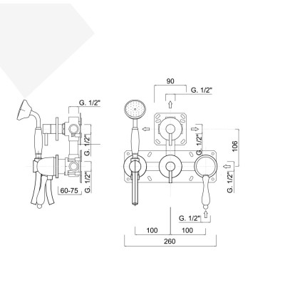 Built-in shower mixer with diverter, integrated duplex kit, 3 free outlets, Praga Mix