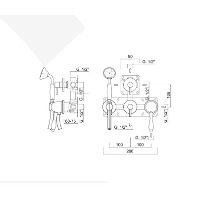 Monocomando doccia incasso con deviatore, kit duplex integrato, 4 uscite libere, Praga Mix