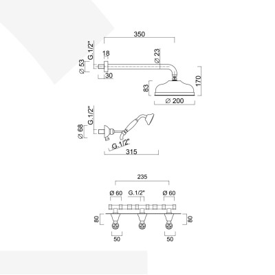 Built-in shower set with diverter, duplex kit, arm with 200 mm diameter brass shower head, Odessa