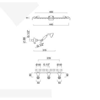 Set doccia incasso con deviatore, kit duplex, soffione incasso a molle pioggia e laminare d. 440 mm, Odessa