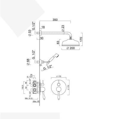 Built-in single-lever shower set, rotary diverter, shower head with wall-mounted arm, duplex kit, Harmony