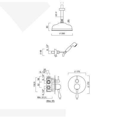 Set doccia incasso monocomando, deviatore a rotazione, soffione con braccio a soffitto, kit duplex, Harmony