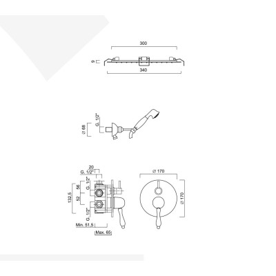 Set doccia incasso monocomando, deviatore a rotazione, soffione Inox incasso d.340, kit duplex, Harmony