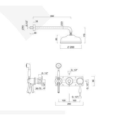 Single-lever built-in shower set with diverter, duplex kit, arm with brass shower head d.200, Harmony