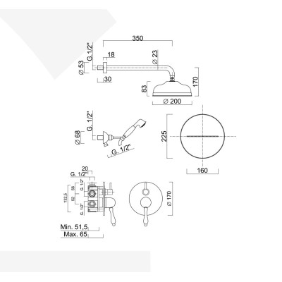 Single-lever built-in shower set with diverter, duplex kit, waterfall spout, arm with brass shower head, Harmony