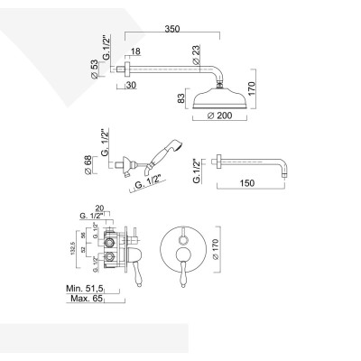 Single-lever built-in shower set with diverter, duplex kit, wall spout, arm with brass shower head, Harmony