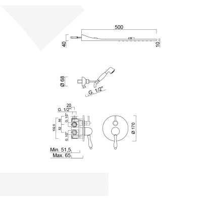 Built-in single-lever shower set with diverter, duplex kit, rectangular rain and waterfall shower head, Harmony