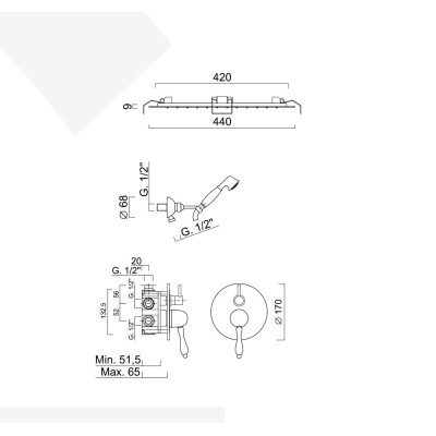 Set doccia incasso monocomando con deviatore, kit duplex, soffione incasso pioggia e laminare, Harmony