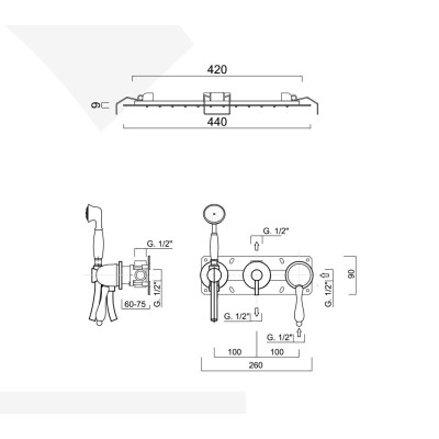 Single-lever built-in shower set with diverter, duplex kit, built-in rain and laminar shower head, Harmony