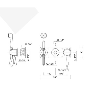 Built-in shower mixer, rotary diverter, duplex kit, 2 free outlets, Harmony