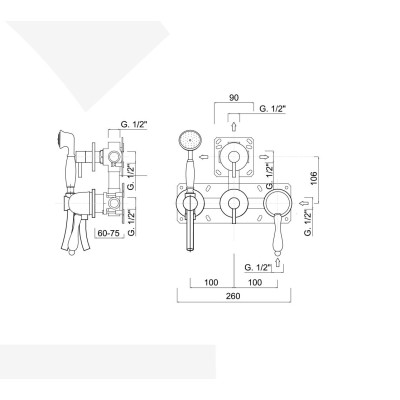 Built-in shower mixer, rotary diverter, duplex kit, 3 free outlets, Harmony
