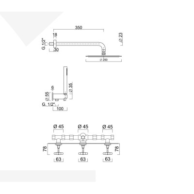 Built-in shower set with diverter, duplex kit, arm with stainless steel shower head, diameter 250 mm, G5