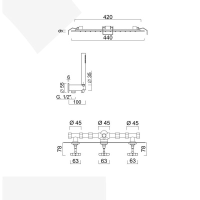 Built-in shower set with diverter, duplex kit, built-in rain and laminar shower head, G5