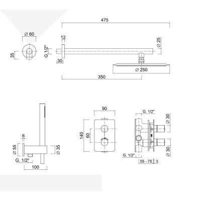 Doccia incasso, termostatico con deviatore, kit duplex, braccio parete, soffione Inox d. 250 mm