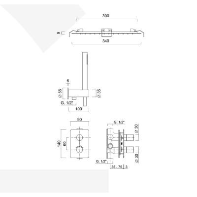 Doccia incasso, termostatico con deviatore, kit duplex, soffione Inox incasso a molle
