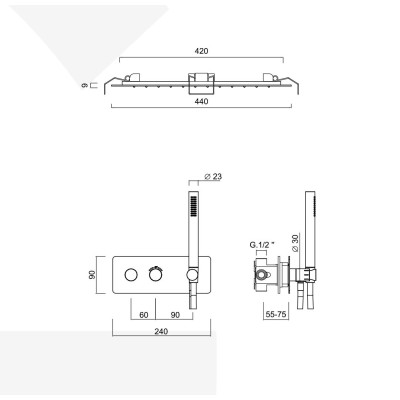 Built-in shower, thermostatic with diverter, duplex kit, built-in rain and laminar shower head d. 440 mm