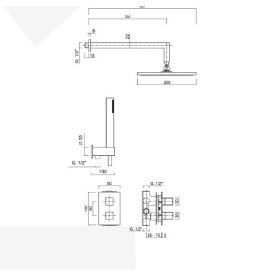 Set doccia incasso quadrato con termostatico con deviatore, kit duplex, braccio e soffione Inox 250x250 mm