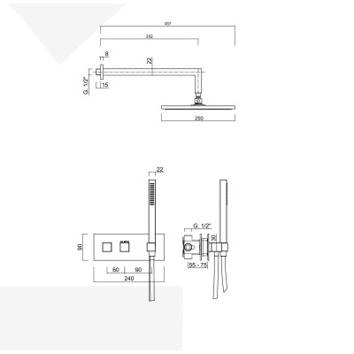 Built-in square shower set, thermostatic with diverter, duplex kit, arm and 250 x 250 mm steel shower head