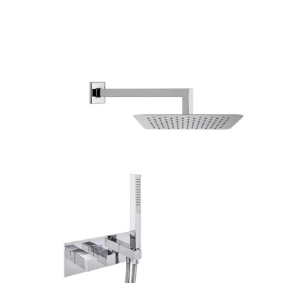 Set doccia incasso quadrato, termostatico con deviatore, kit duplex, braccio e soffione Inox 250x250 mm