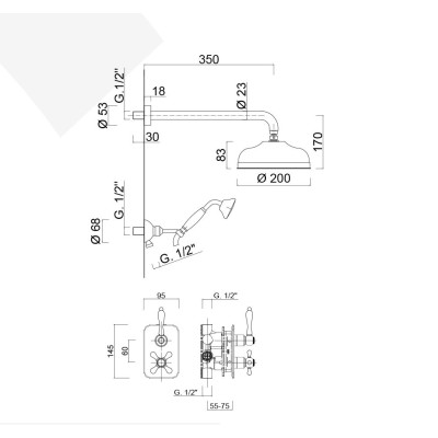 Built-in thermostatic shower set with diverter, duplex kit, arm with brass shower head, d.200 mm