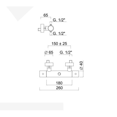 Wall-mounted thermostatic shower mixer with integrated diverter, 3/4" upper connection, 1/2" lower connection