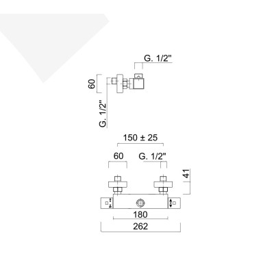 Square wall-mounted thermostatic shower mixer with 3/4" upper connection