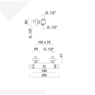 Square wall-mounted thermostatic shower mixer with integrated diverter, with upper and lower connections