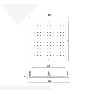 Soffione incasso quadrato, fissaggio a viti, getto pioggia, 360 x 360 mm