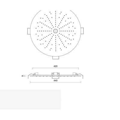 Round built-in stainless steel shower head, spring-operated, rain and laminar jets, d.440 mm