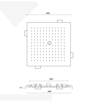 Square Built-in Stainless Steel Shower Head, Spring-Operated, Rain and Laminar Jet, 440 x 440 mm
