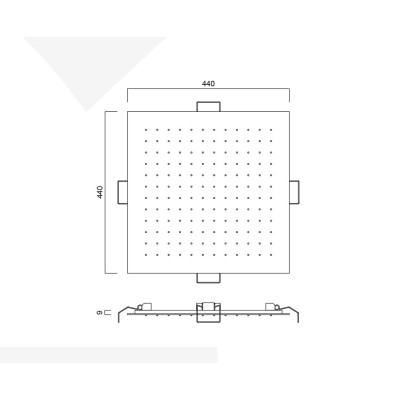 Soffione incasso quadrato inox, a molle, getto pioggia, 440x440 mm