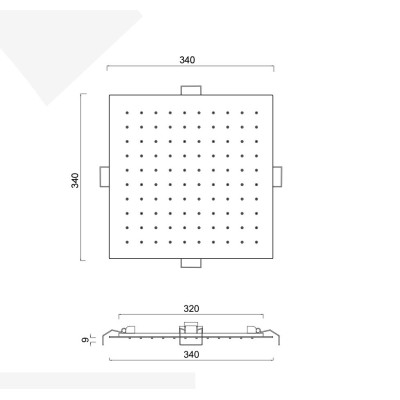 Square Stainless Steel Built-in Shower Head, Spring-Operated, Rain Jet, 340 x 340 mm