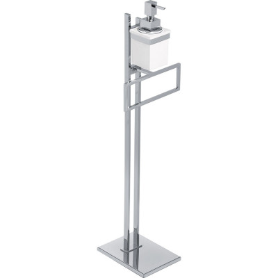 Diva freestanding brass towel holder with Vetrex glass dispenser holder