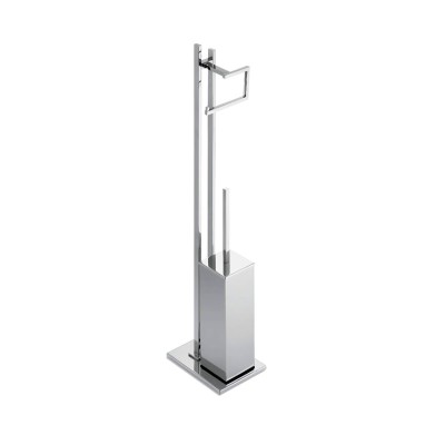 Floor standing paper roll holder and square toilet brush holder in chromed brass, Diva