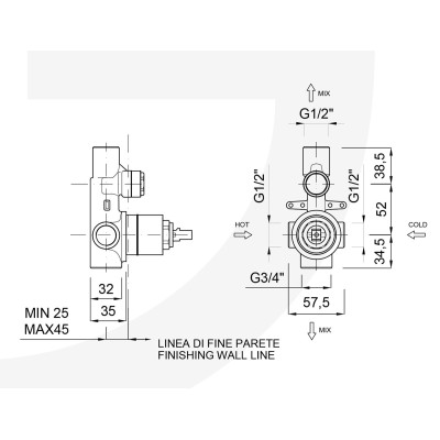 Parte incasso per doccia incasso con deviatore a pulsante, cartuccia d. 35 per articoli Giulini G.