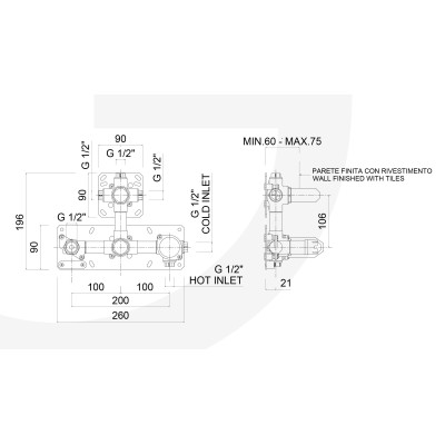 Parte incasso GGBOX 5304, deviatore a rotazione, duplex, 3 uscite libere per articoli Giulini