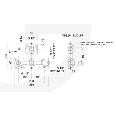 Parte incasso GGBOX 5305, deviatore a rotazione, kit doccia, 4 uscite, per articoli Giulini G