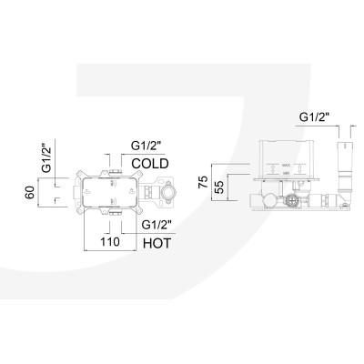 Built-in thermostatic mixer GGBOX 5293 with diverter, duplex, 1 free outlet Giulini products