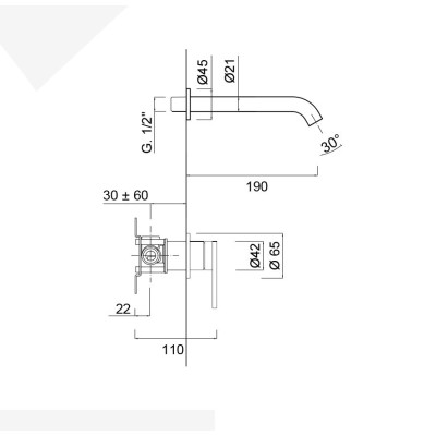 Monocomando lavabo a muro senza scarico, bocca 190 mm,  acciaio inox 316L, serie Open