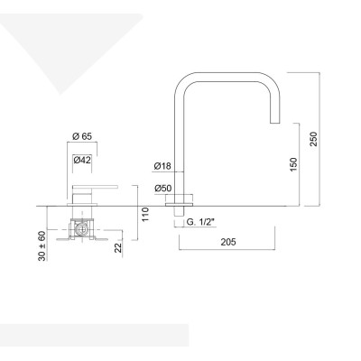 Monocomando lavabo da appoggio con bocca altezza 250 mm, senza scarico, acciaio inox 316L, serie Open
