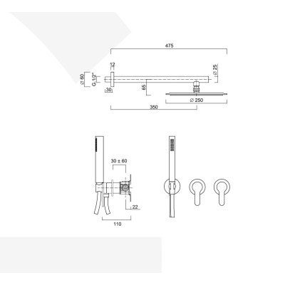 Set doccia incasso monocomando, kit duplex, braccio con soffione 250mm in acciaio inox 316L, serie Open