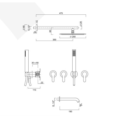 Set doccia incasso monocomando, 3 incassi indipendenti, duplex, braccio, soffione, bocca in acciaio inox 316L, Open