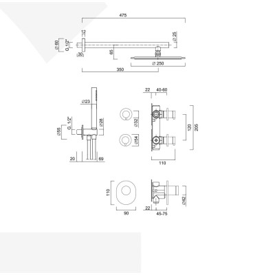 Built-in thermostatic shower set, 2-outlet manifold, duplex kit, arm with shower head, 316L stainless steel, Open