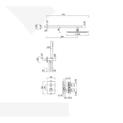 Built-in thermostatic shower set with diverter, duplex kit, arm, 250 mm shower head, 316L stainless steel, Open