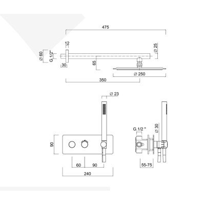 Doccia incasso termostatico con deviatore, kit duplex integrato, braccio con soffione 250mm, acciaio inox 316L, Open